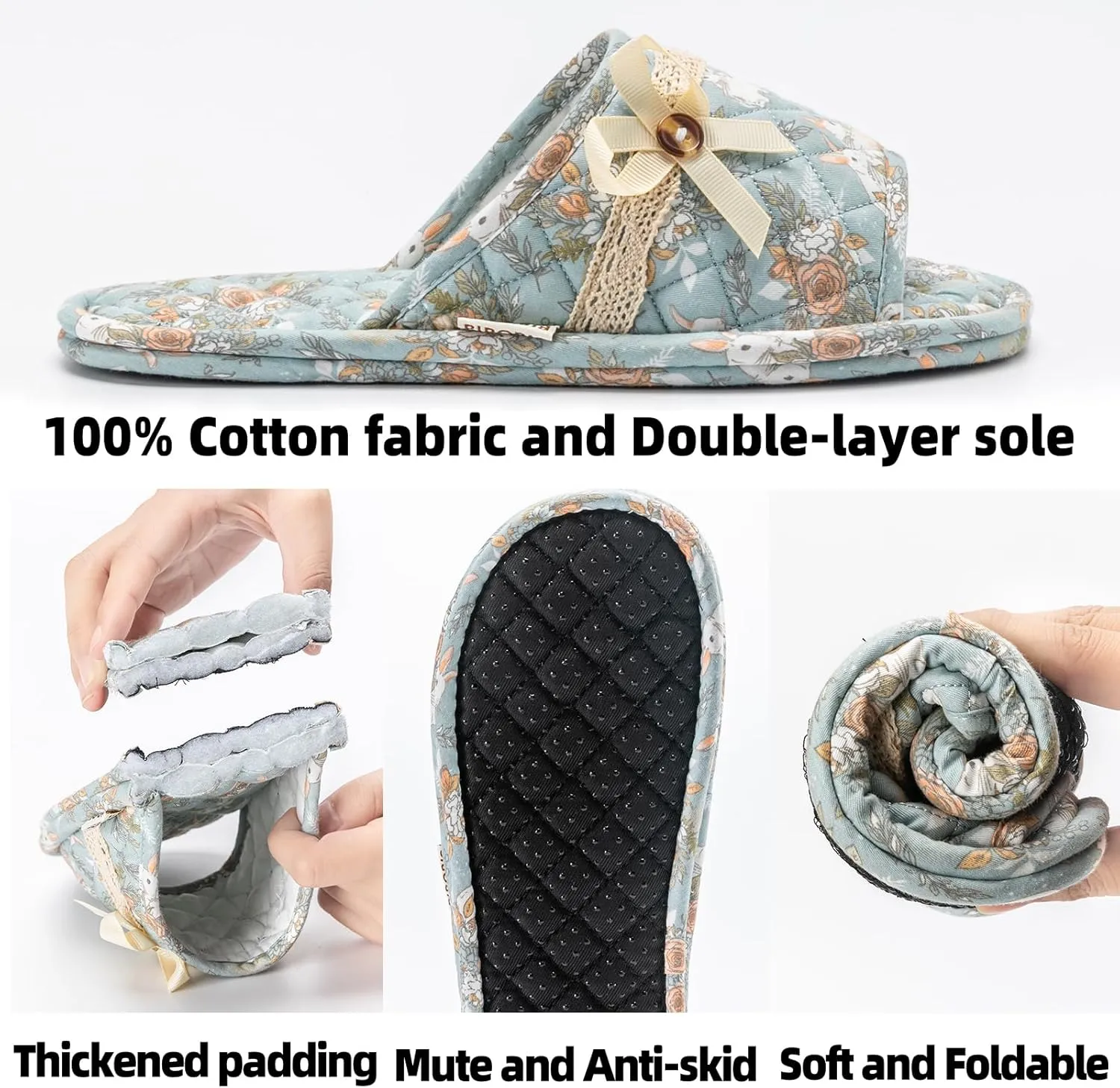 3 Pairs Floral Cotton House Slippers for Women, Open Toe Indoor Slippers Comfortable Washable Portable Foldable Guest Travel Hotel Airplane Spa Slippers