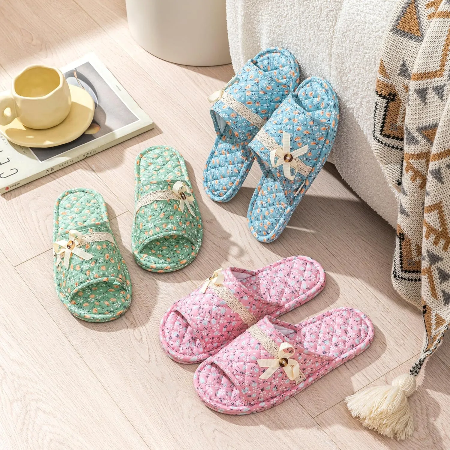 3 Pairs Floral Cotton House Slippers for Women, Open Toe Indoor Slippers Comfortable Washable Portable Foldable Guest Travel Hotel Airplane Spa Slippers
