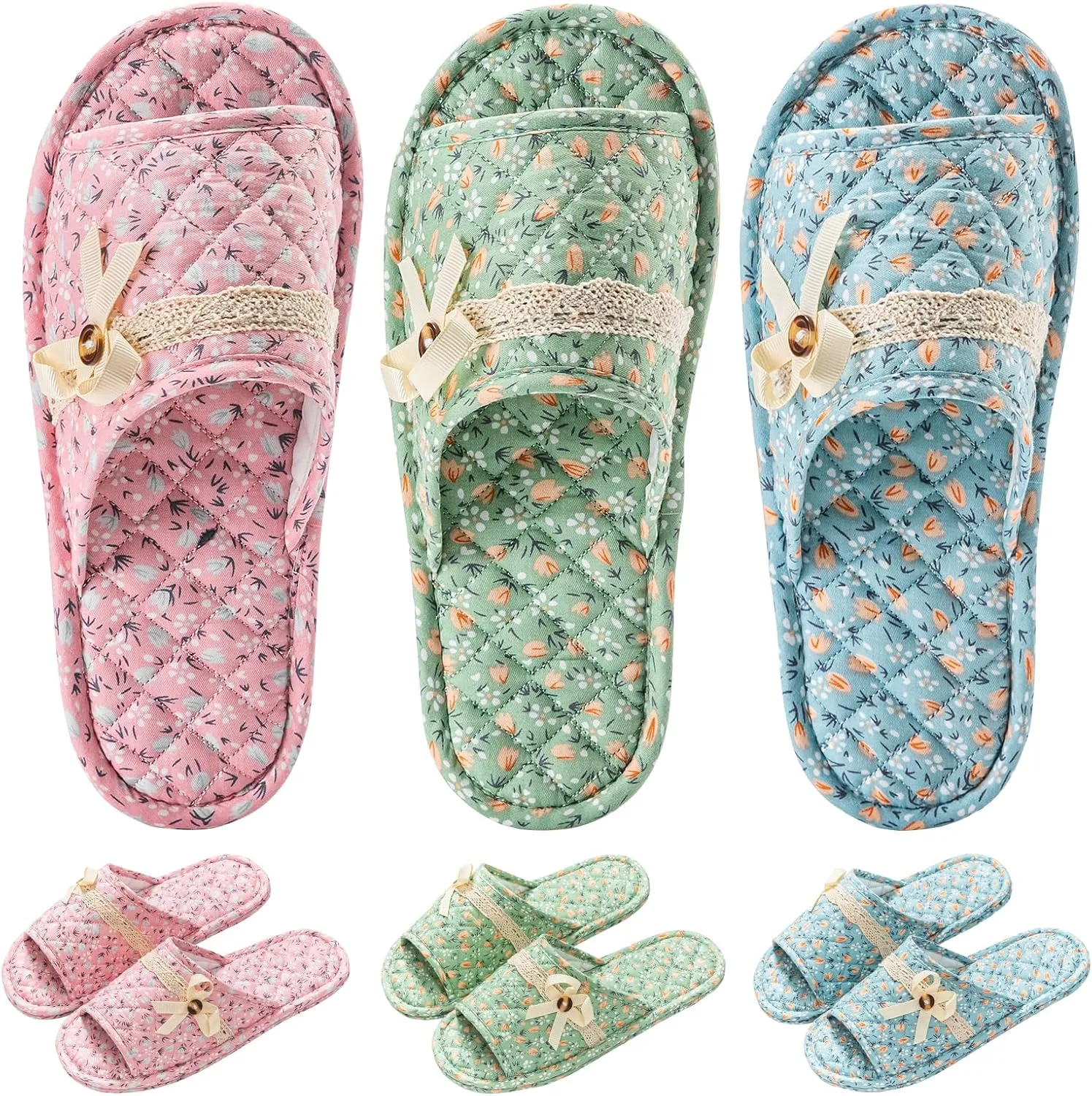 3 Pairs Floral Cotton House Slippers for Women, Open Toe Indoor Slippers Comfortable Washable Portable Foldable Guest Travel Hotel Airplane Spa Slippers