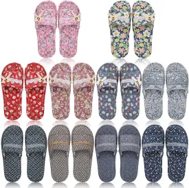 Chuarry 10 Pairs Floral Cotton House Slippers for Guest Women Washable Indoor Cotton Slippers Open Toe for Hotel Travel Airplane Spa, 2 Sizes