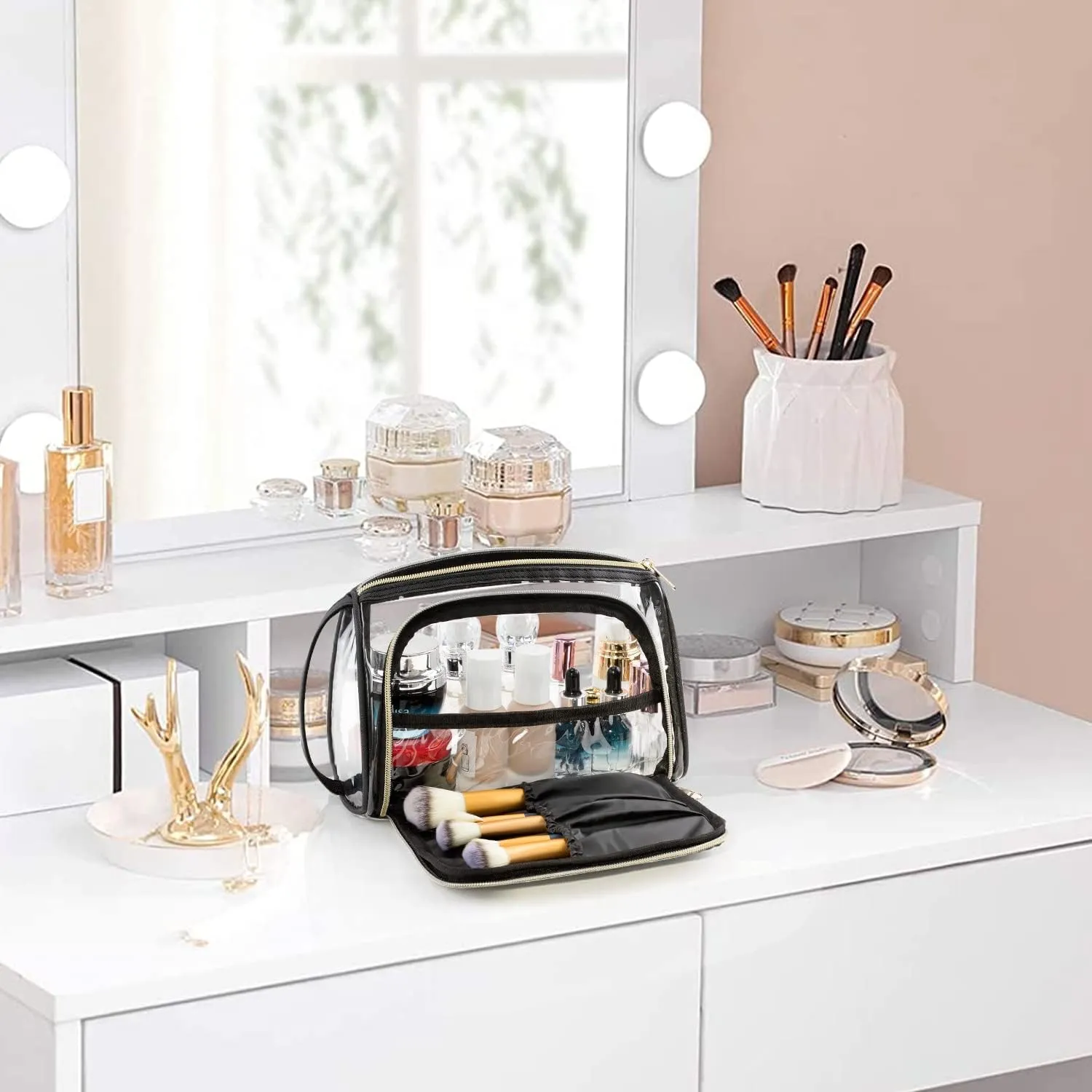 CUBETASTIC Clear Makeup Bag, TSA Approved Toiletry Bag, Transparent Small Travel Bag for Essential Makeup, Toiletries Cosmetic Storage Organizer Cute Clear Pouch with Compartment