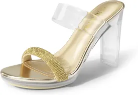 DREAM PAIRS Women's Clear Two Strap Open Toe High Block Chunky Slip on Dress Heel Sandals