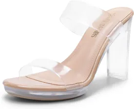 DREAM PAIRS Women's Clear Two Strap Open Toe High Block Chunky Slip on Dress Heel Sandals