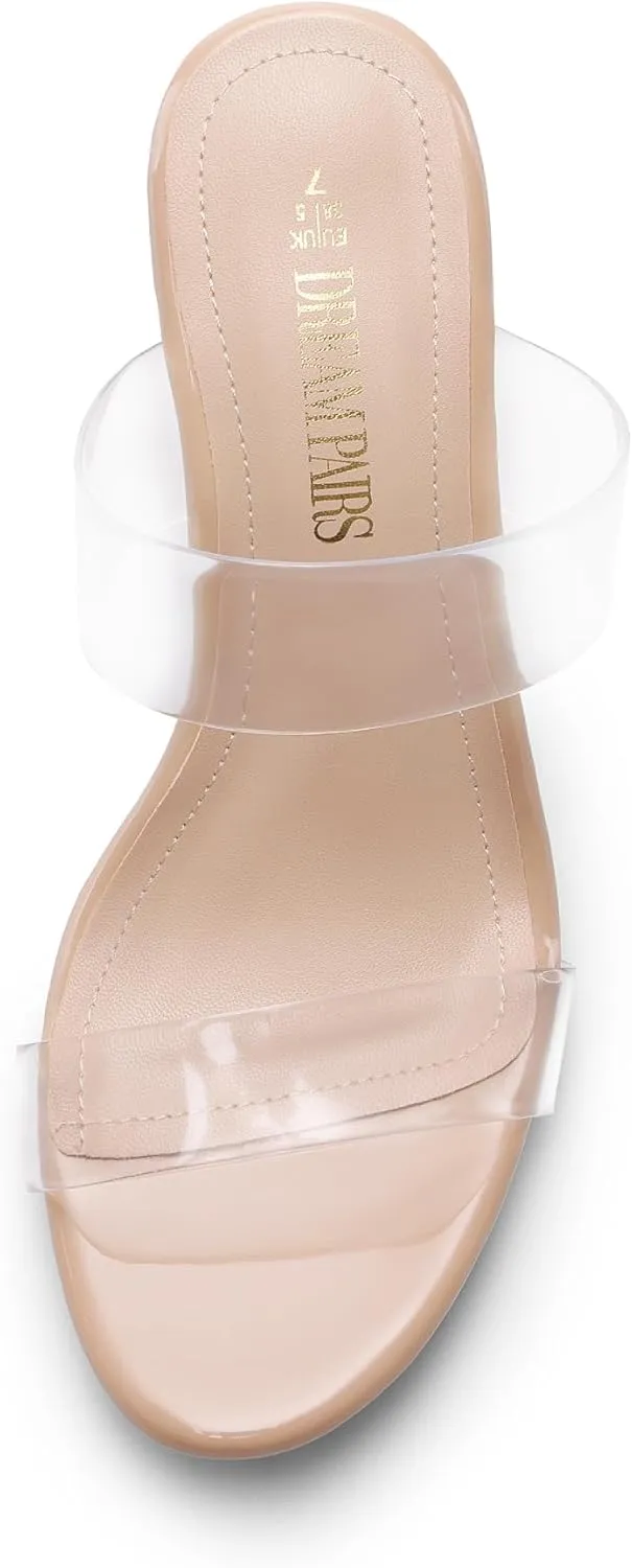 DREAM PAIRS Women's Clear Two Strap Open Toe High Block Chunky Slip on Dress Heel Sandals