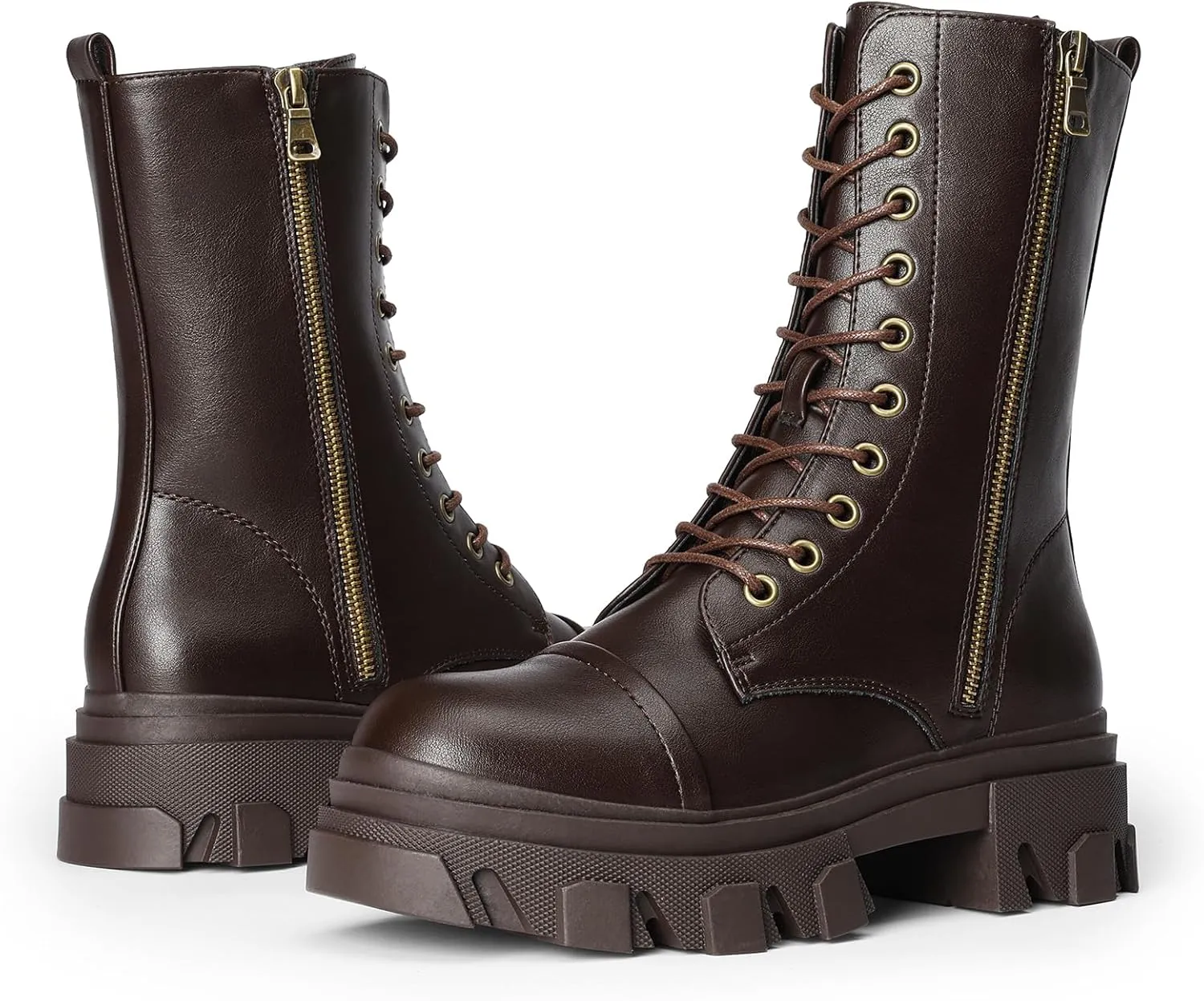 DREAM PAIRS Womens Combat Boots Lace up Mid Calf Boots Low Heel Chunky Platform Lug Sole Boots