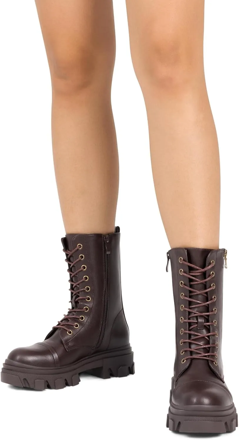 DREAM PAIRS Womens Combat Boots Lace up Mid Calf Boots Low Heel Chunky Platform Lug Sole Boots