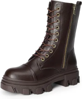 DREAM PAIRS Womens Combat Boots Lace up Mid Calf Boots Low Heel Chunky Platform Lug Sole Boots