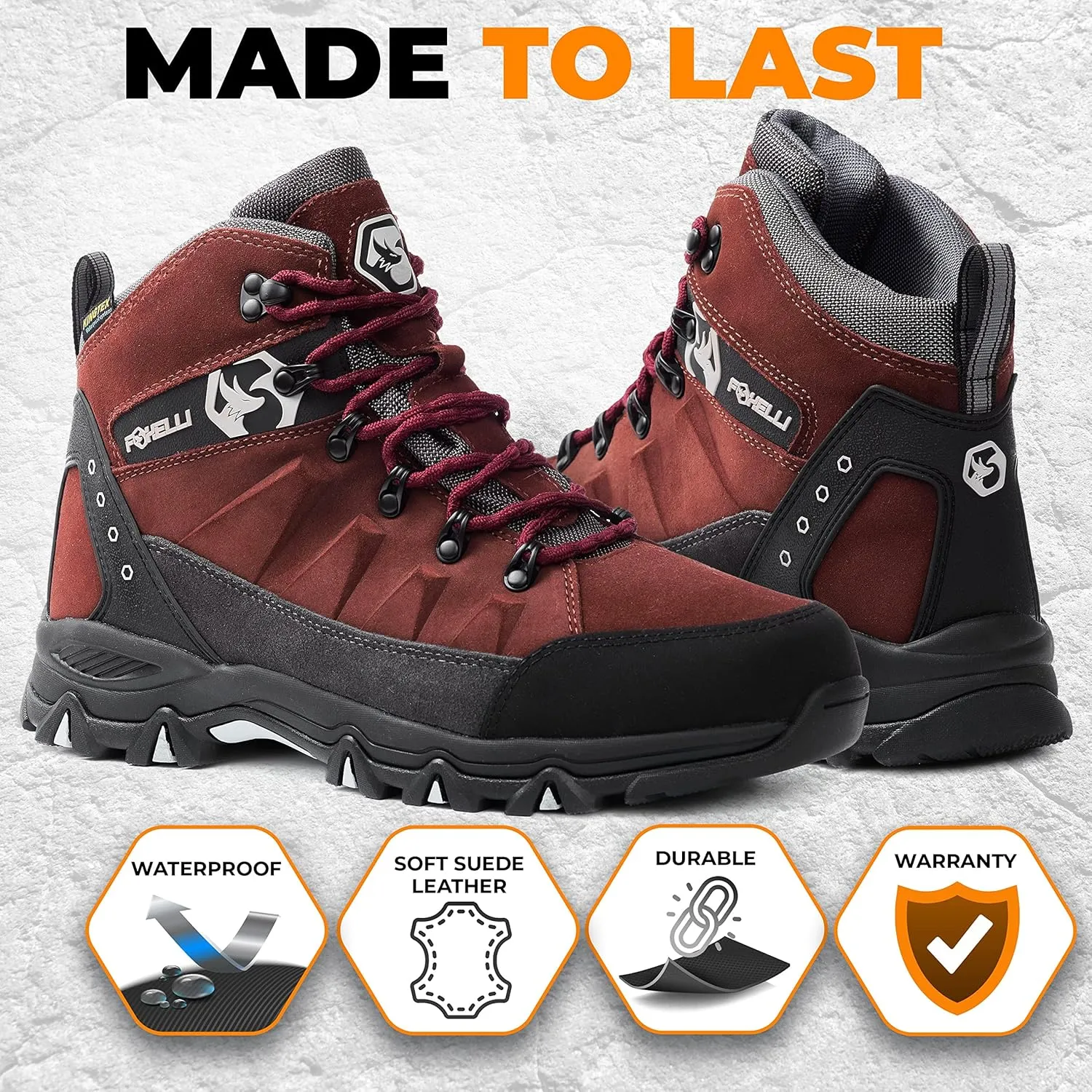 Foxelli Mens Hiking Boots  Waterproof Breathable & Lightweight Suede Leather Hiking Boots for Men