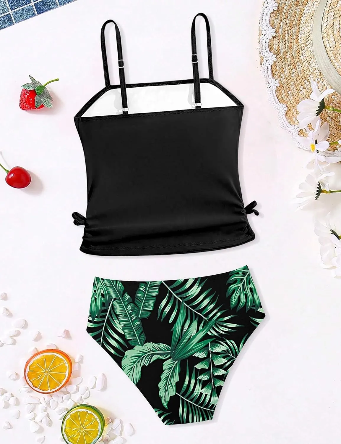 Girls Tankini Swimsuits Two Piece Bathing Suit Drawstring Swimwear Set for Girls 7-14 Years