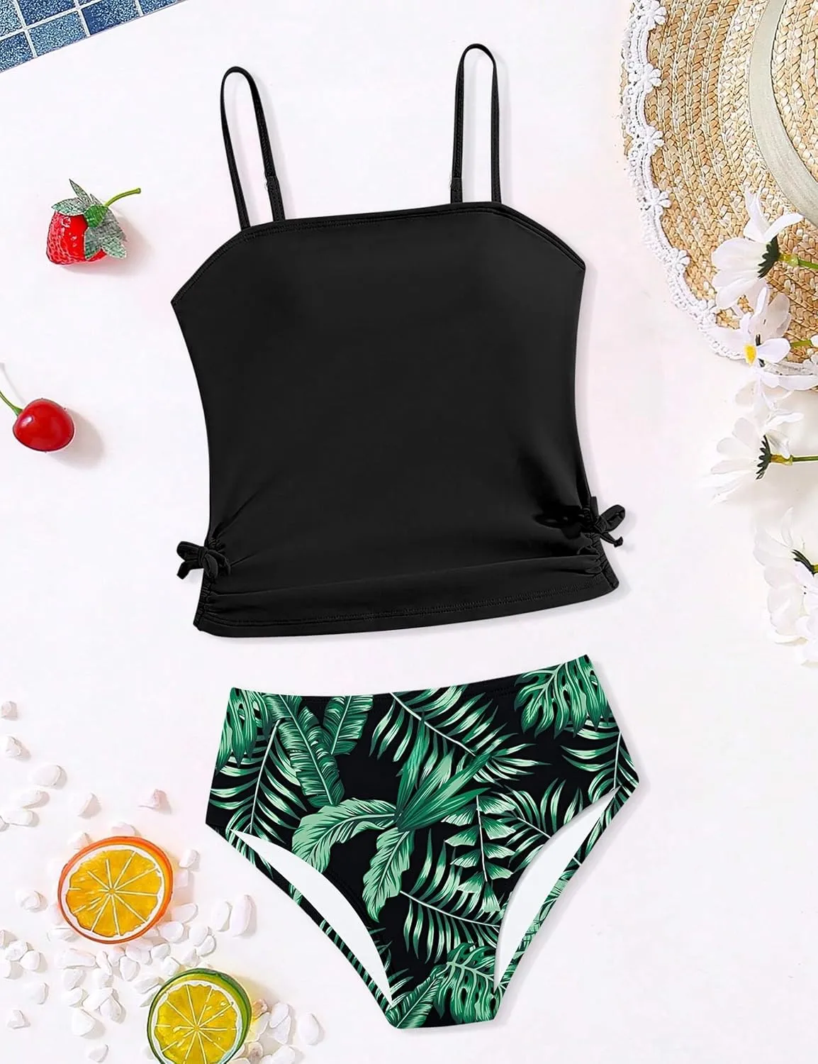 Girls Tankini Swimsuits Two Piece Bathing Suit Drawstring Swimwear Set for Girls 7-14 Years