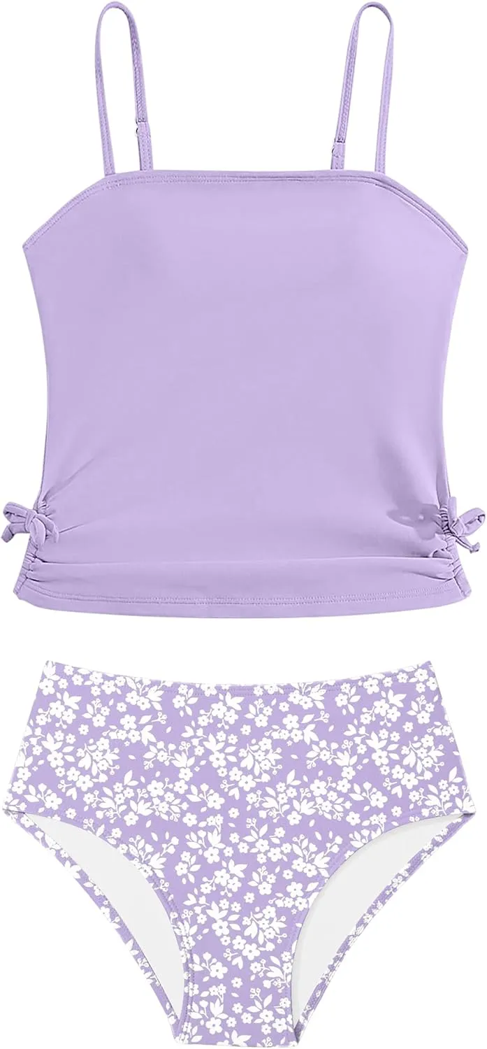 Girls Tankini Swimsuits Two Piece Bathing Suit Drawstring Swimwear Set for Girls 7-14 Years