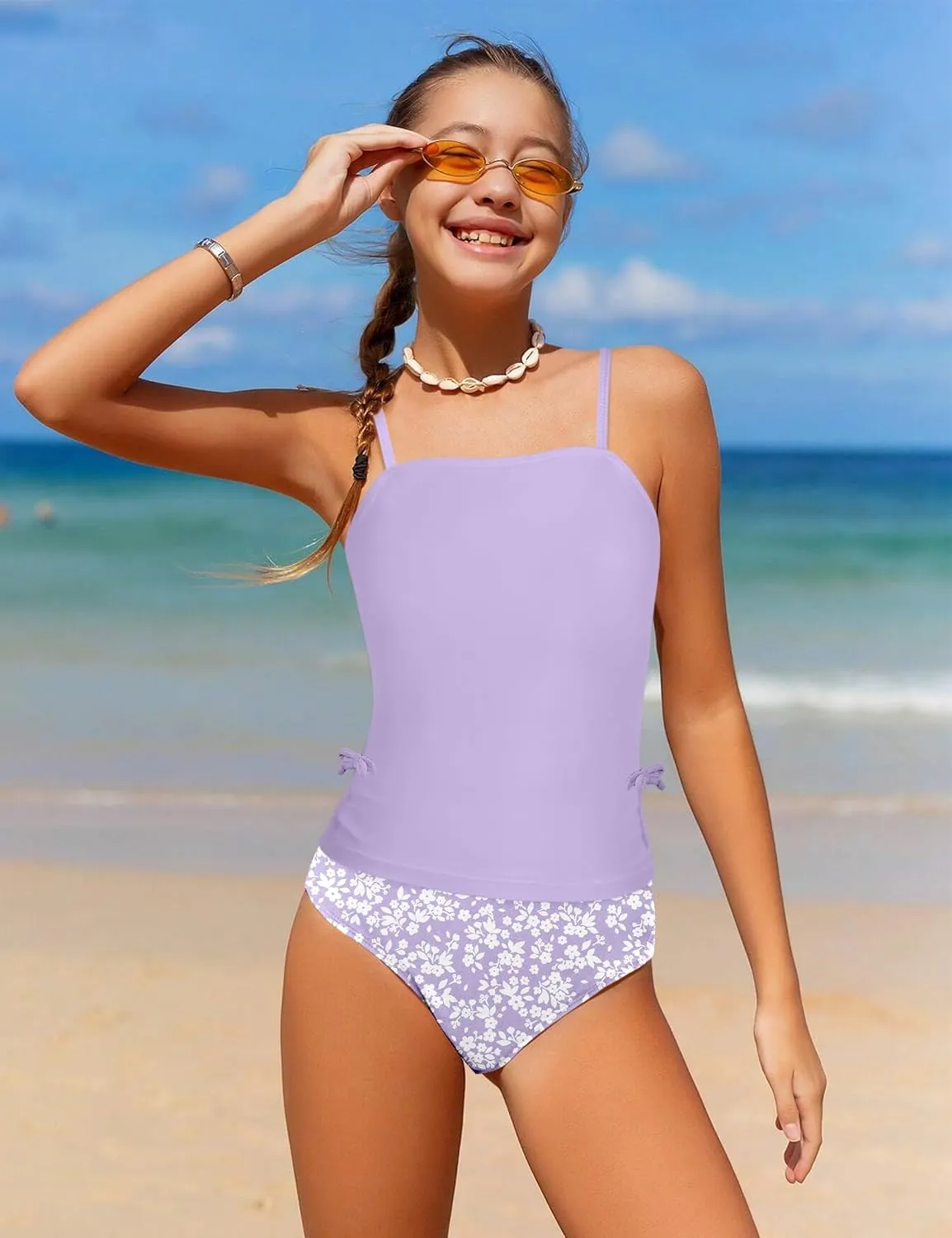 Girls Tankini Swimsuits Two Piece Bathing Suit Drawstring Swimwear Set for Girls 7-14 Years