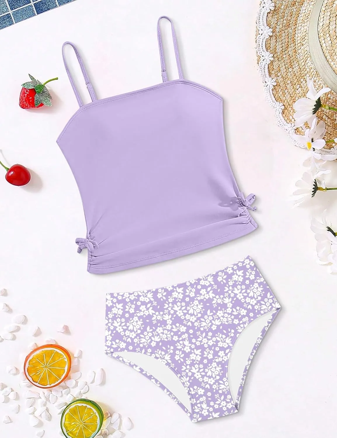 Girls Tankini Swimsuits Two Piece Bathing Suit Drawstring Swimwear Set for Girls 7-14 Years