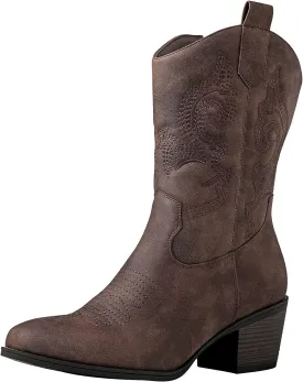 GLOBALWIN Women's Mid Calf The Western Cowgirl Boots Fashion Cowboy Boots For Women Chunky Low Heel