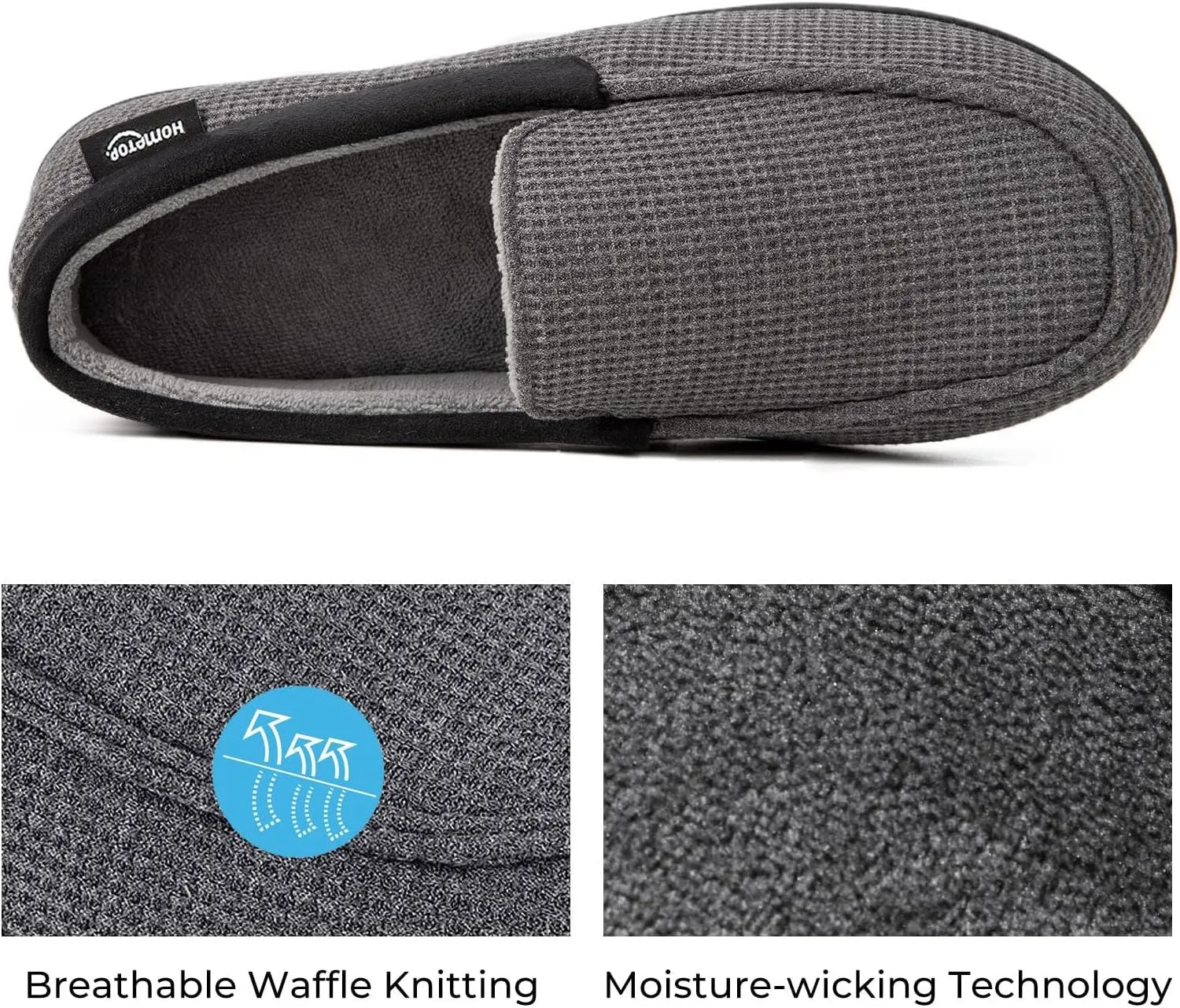 HomeTop Men's Comfort Memory Foam Moccasin Slippers, Breathable Cotton Knit Terry Cloth House Shoes for Indoor Outdoor