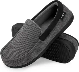HomeTop Men's Comfort Memory Foam Moccasin Slippers, Breathable Cotton Knit Terry Cloth House Shoes for Indoor Outdoor