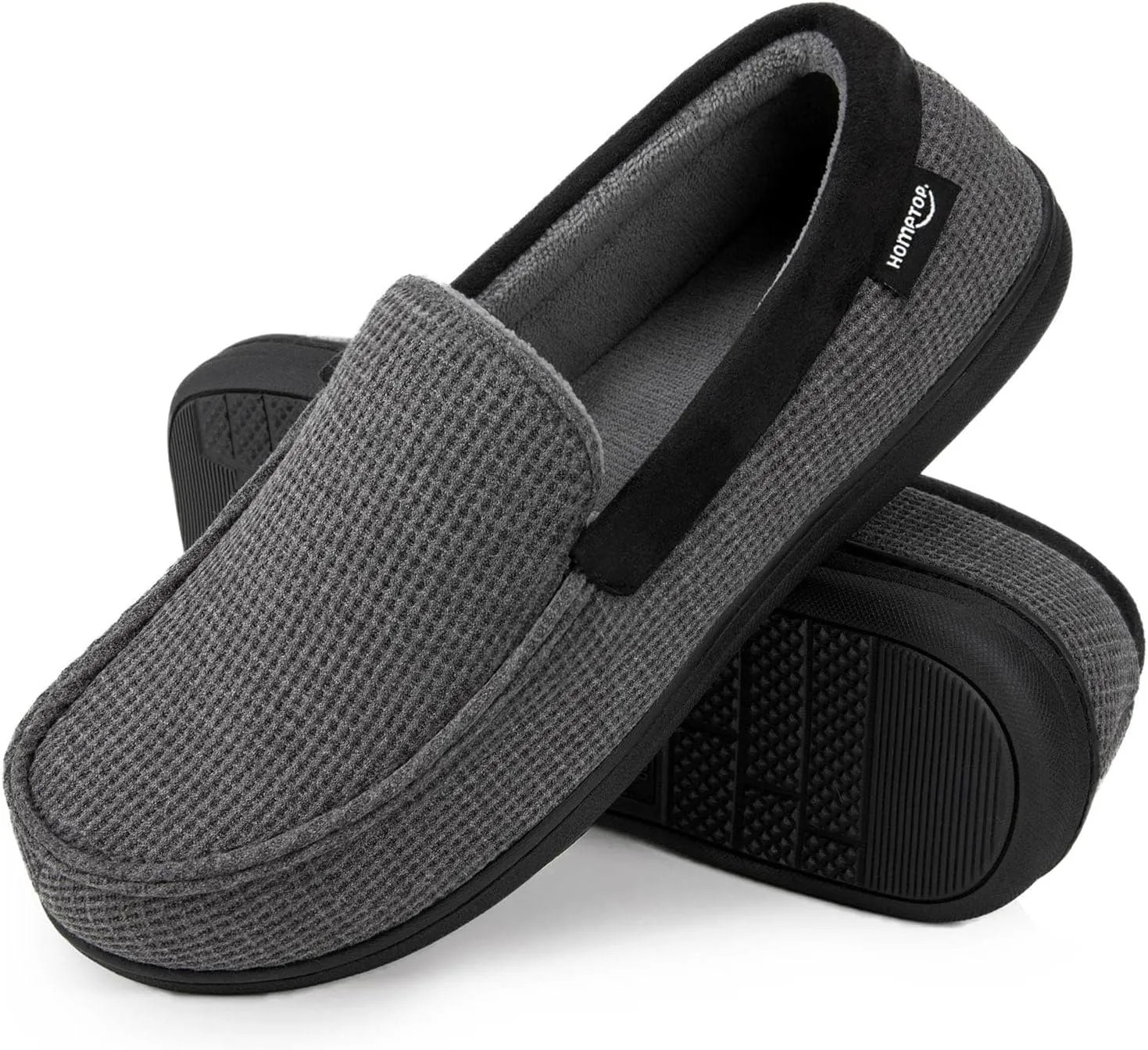 HomeTop Men's Comfort Memory Foam Moccasin Slippers, Breathable Cotton Knit Terry Cloth House Shoes for Indoor Outdoor