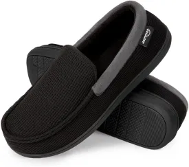 HomeTop Men's Comfort Memory Foam Moccasin Slippers, Breathable Cotton Knit Terry Cloth House Shoes for Indoor Outdoor