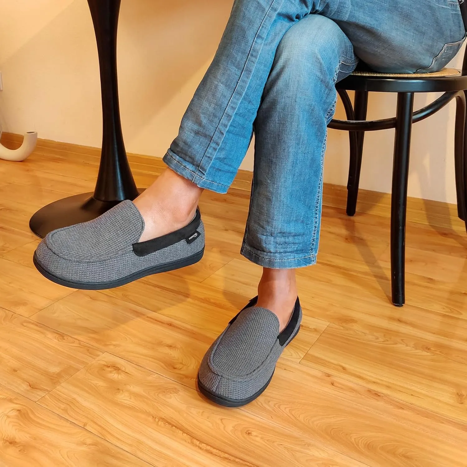 HomeTop Men's Comfort Memory Foam Moccasin Slippers, Breathable Cotton Knit Terry Cloth House Shoes for Indoor Outdoor