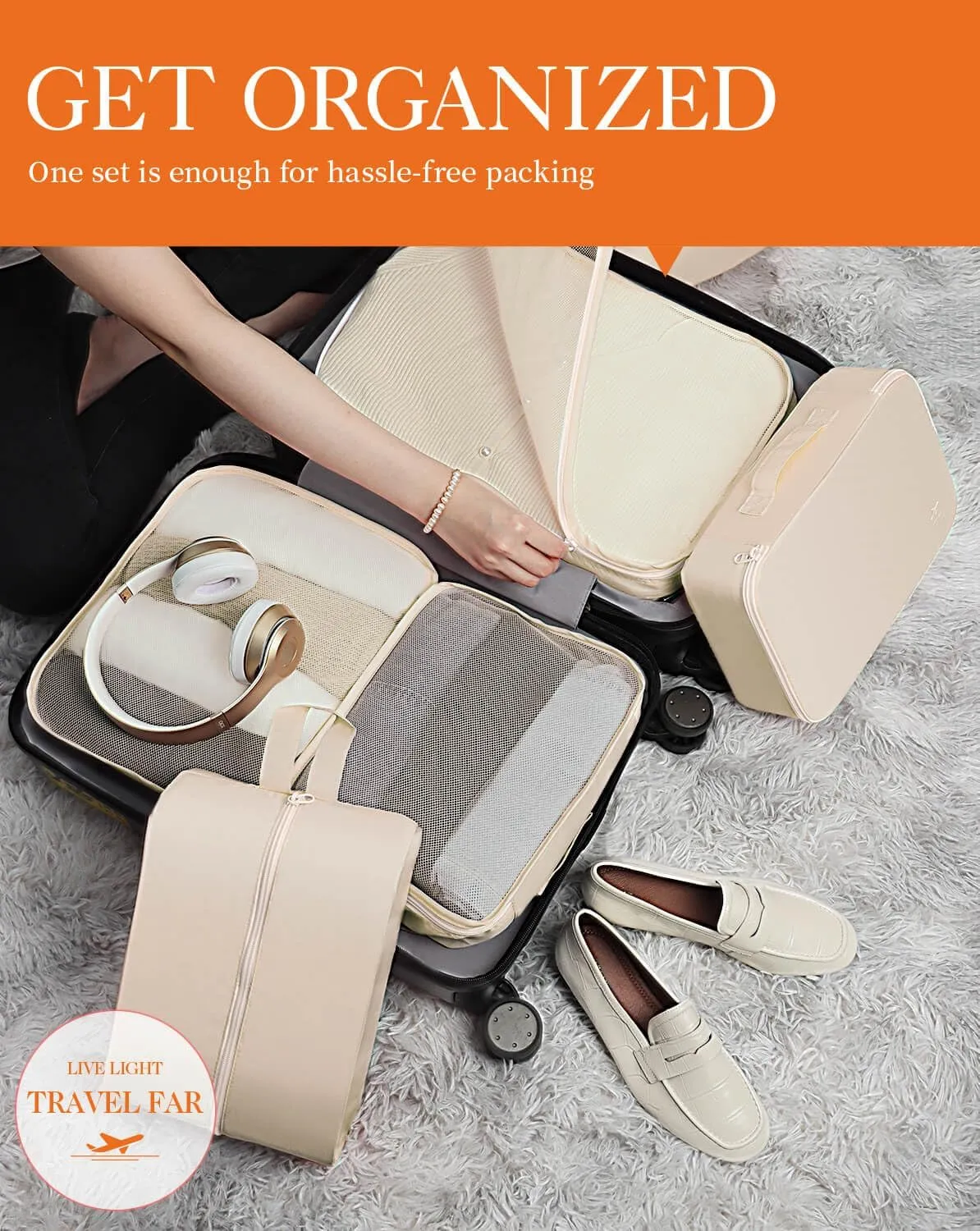 HOTOR Packing Cubes for Suitcases - 6 Pieces, Light Packing Cubes for Travel, Premium Suitcase Organizer Bags Set, Space-Saving Luggage Organizers, Travel Accessories and Essentials, Beige