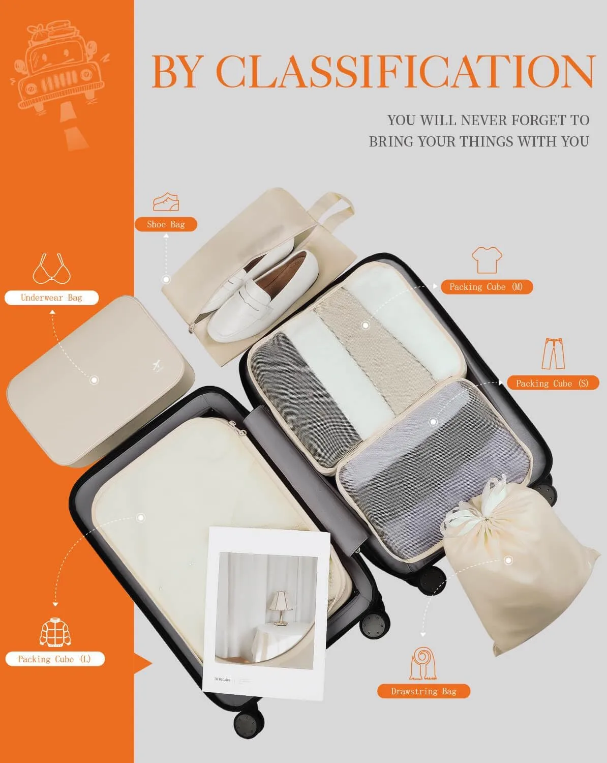 HOTOR Packing Cubes for Suitcases - 6 Pieces, Light Packing Cubes for Travel, Premium Suitcase Organizer Bags Set, Space-Saving Luggage Organizers, Travel Accessories and Essentials, Beige