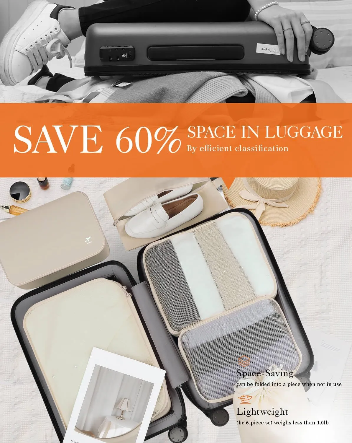 HOTOR Packing Cubes for Suitcases - 6 Pieces, Light Packing Cubes for Travel, Premium Suitcase Organizer Bags Set, Space-Saving Luggage Organizers, Travel Accessories and Essentials, Beige