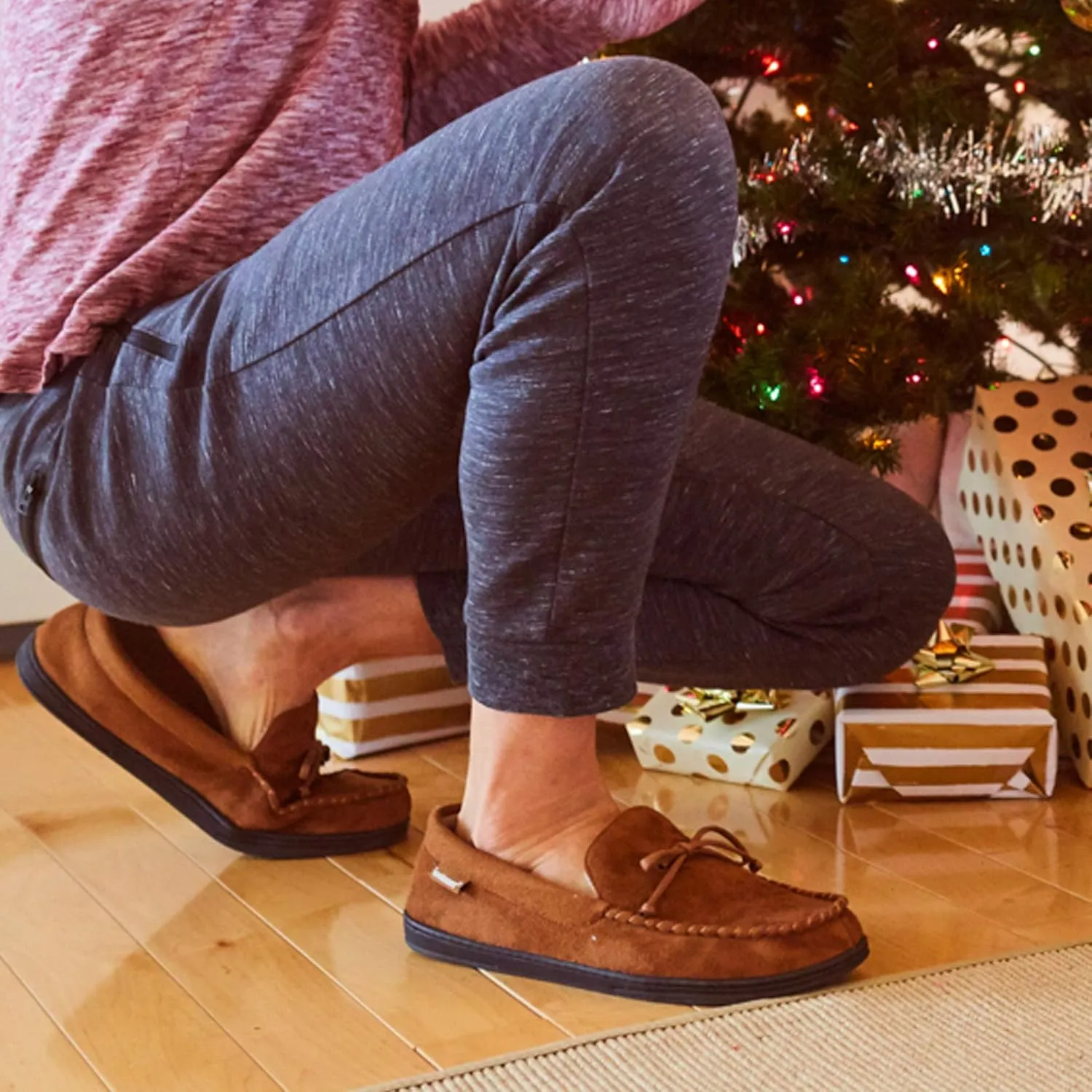 Isotoner Men's Microsuede Moccasin Slippers - Mens Indoor and Outdoor Sole Slippers, Features Memory Foam for a Customer Fit and Arch Support for All-Day Comfort, Machine Washable