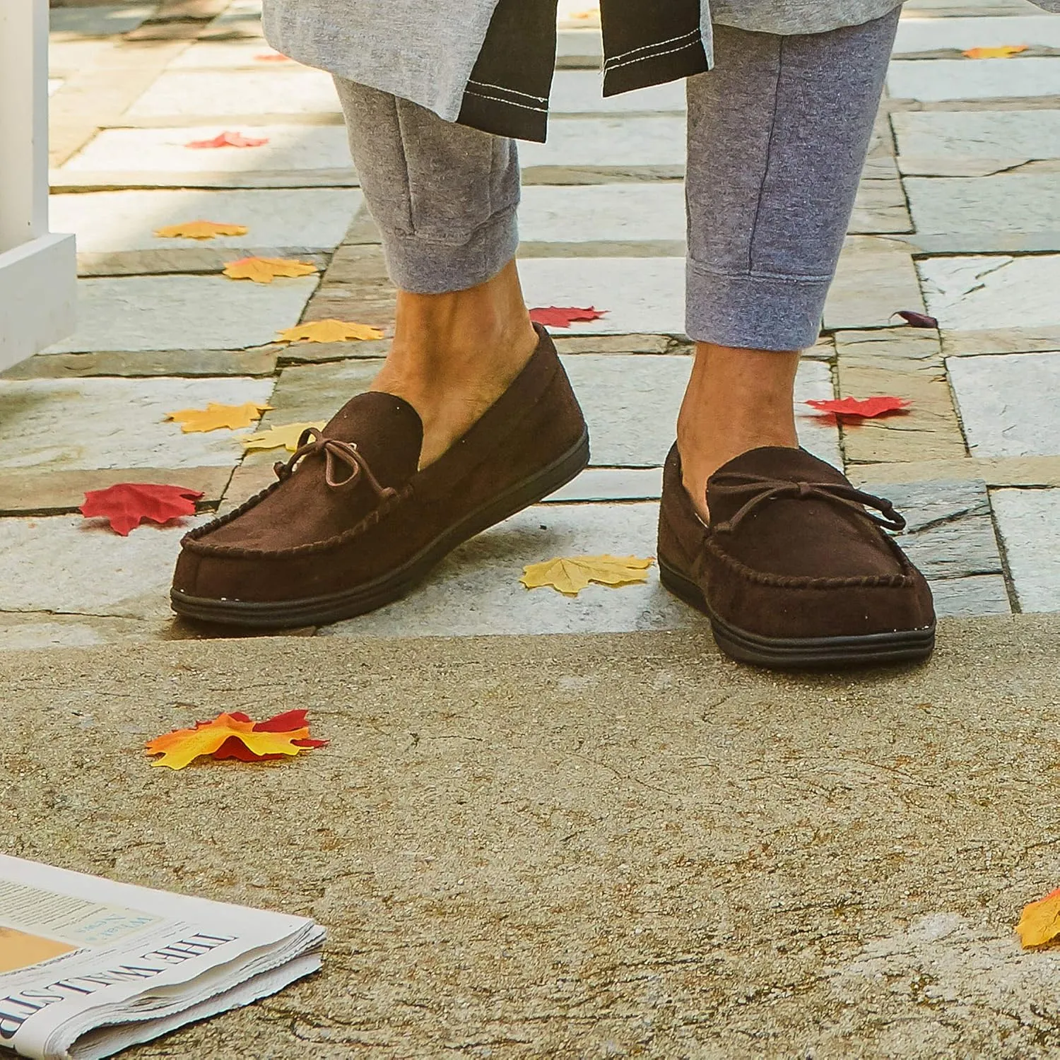 Isotoner Men's Microsuede Moccasin Slippers - Mens Indoor and Outdoor Sole Slippers, Features Memory Foam for a Customer Fit and Arch Support for All-Day Comfort, Machine Washable