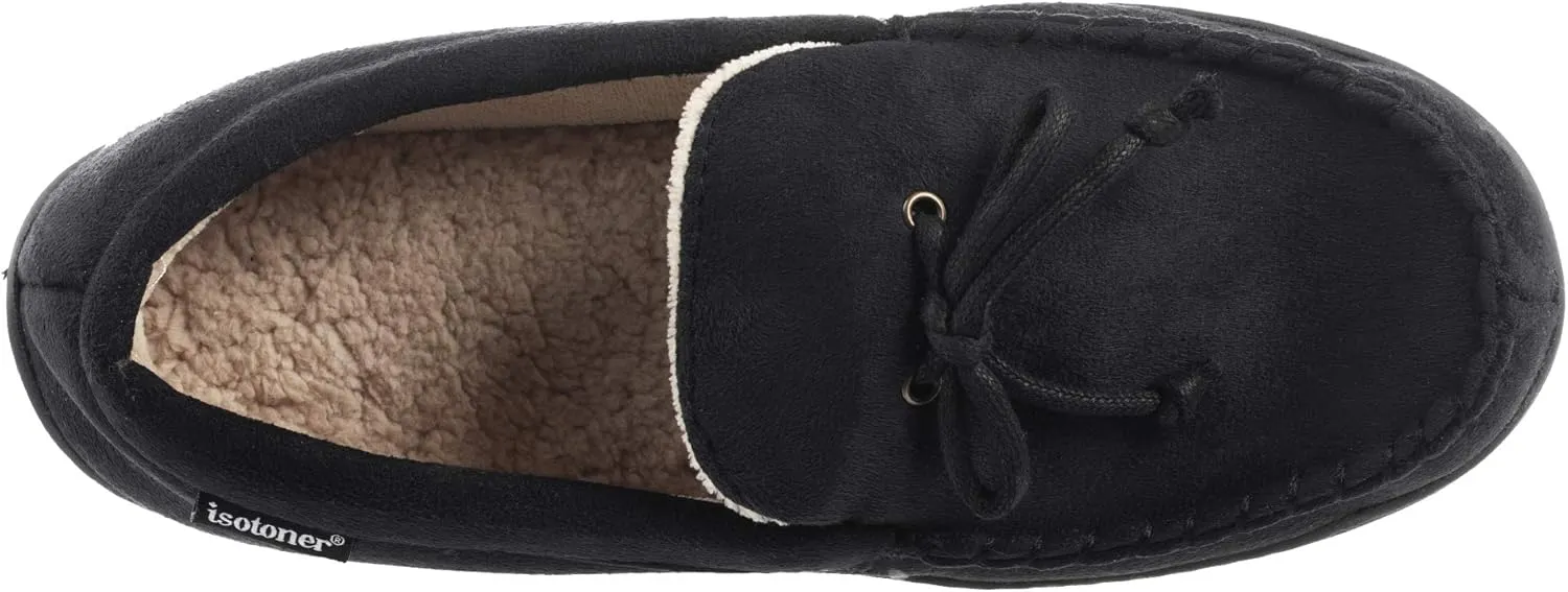 Isotoner Men's Microsuede Moccasin Slippers - Mens Indoor and Outdoor Sole Slippers, Features Memory Foam for a Customer Fit and Arch Support for All-Day Comfort, Machine Washable