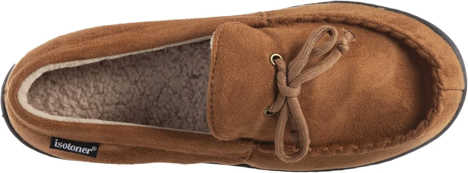 Isotoner Men's Microsuede Moccasin Slippers - Mens Indoor and Outdoor Sole Slippers, Features Memory Foam for a Customer Fit and Arch Support for All-Day Comfort, Machine Washable