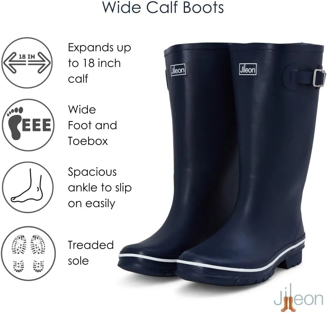 Jileon Wide Fit Womens Rain Boots - Fit up to 18 Calves - Unique Design For Wide Feet, Ankles & Calves