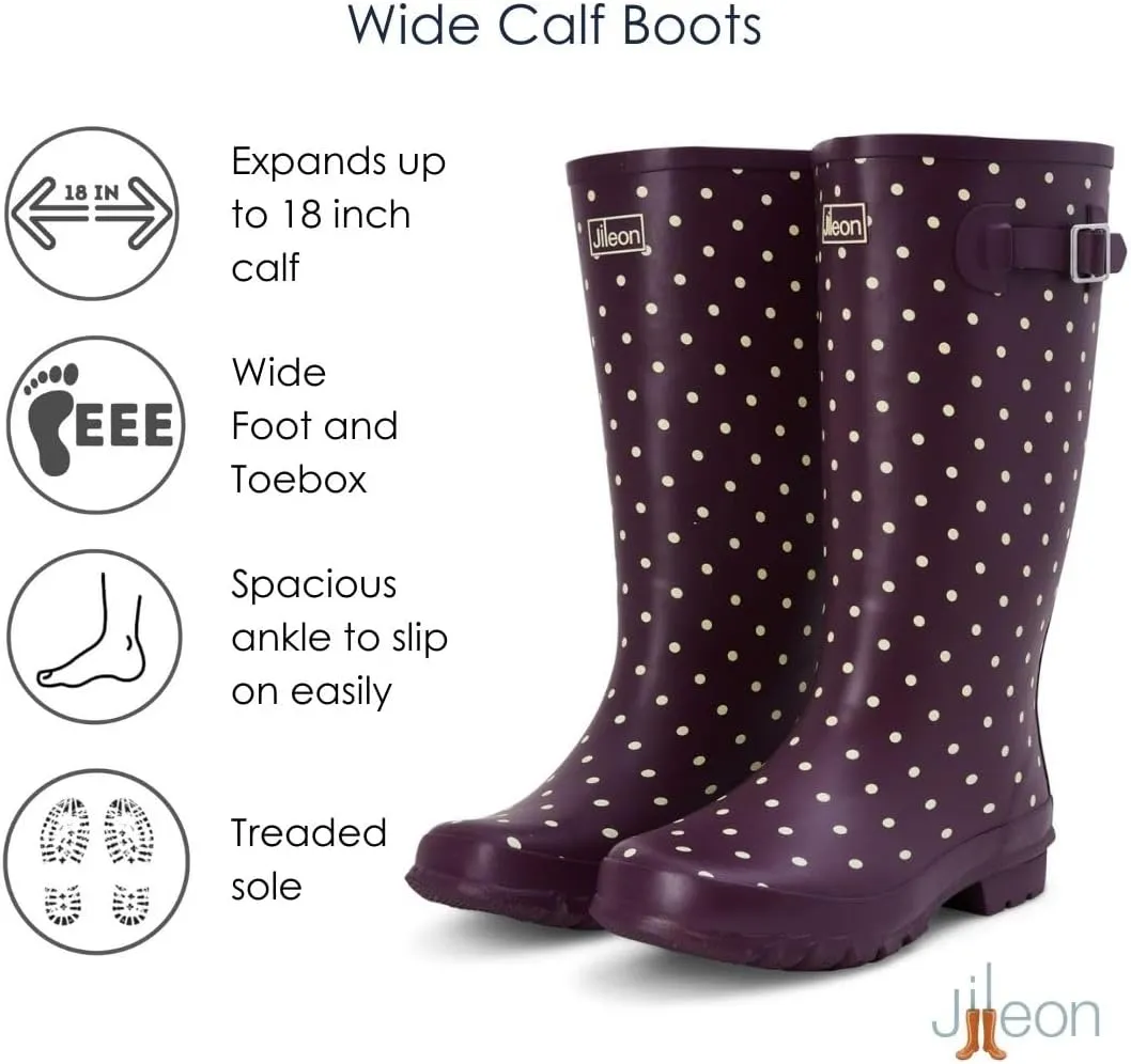 Jileon Wide Fit Womens Rain Boots - Fit up to 18 Calves - Unique Design For Wide Feet, Ankles & Calves