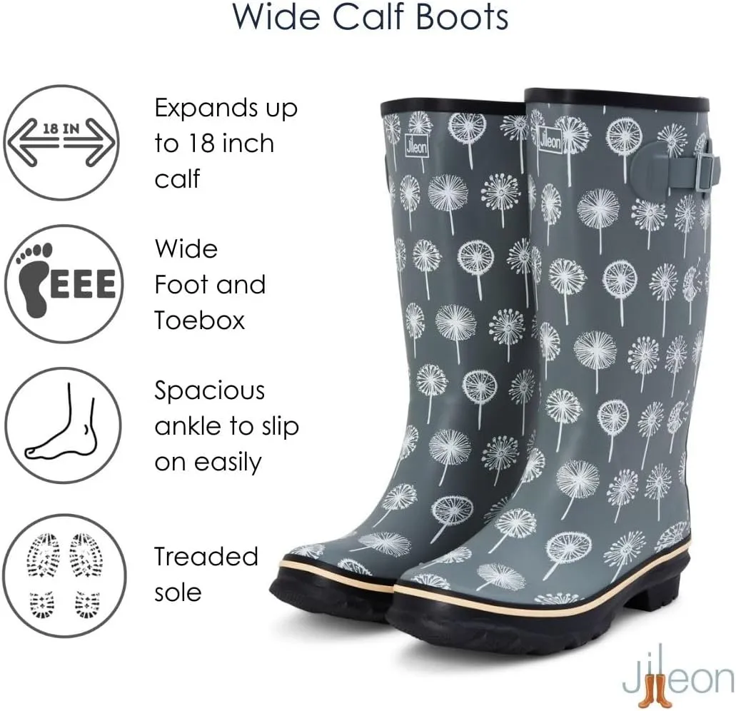 Jileon Wide Fit Womens Rain Boots - Fit up to 18 Calves - Unique Design For Wide Feet, Ankles & Calves