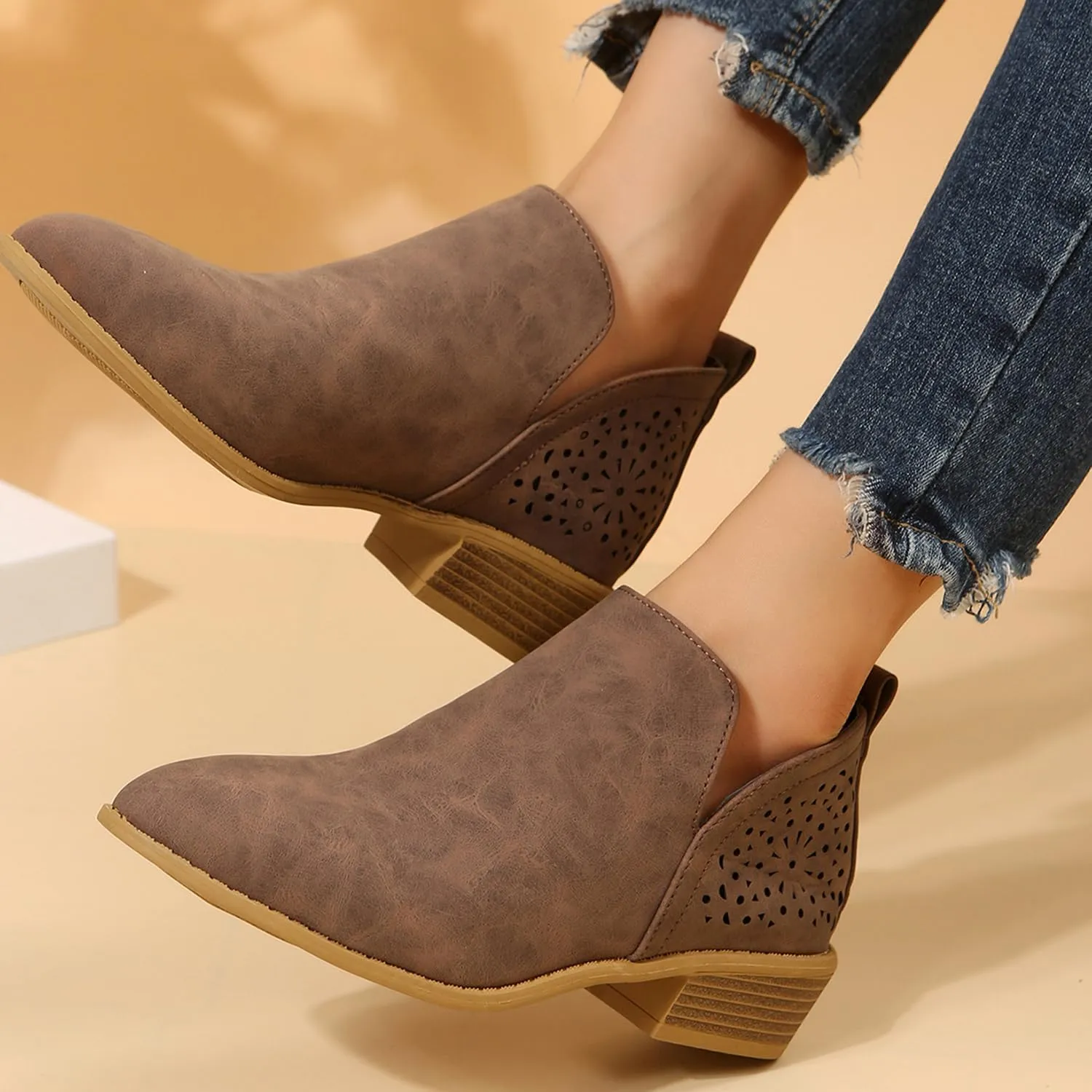 JITUUE Ankle Boots for women Casual Cut Out Slip On Low Heel Short Chunky Stacked Heel Perforated Side V Cut Western Booties Cutout Shoes
