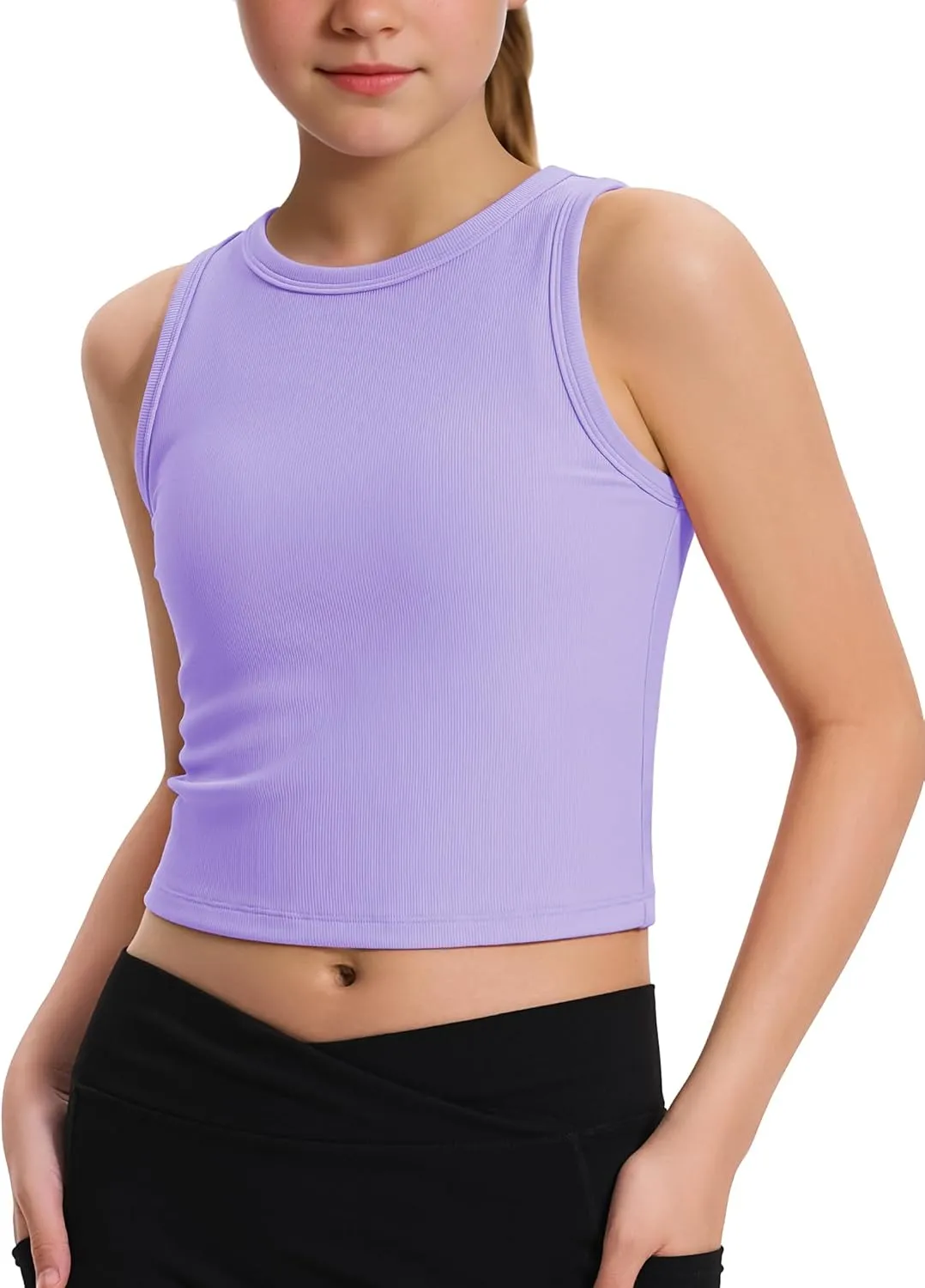 JOCMIC Girls Tank Tops Kids Athletic Tank Ribbed Knit High Neck Crop Tops for Gym Yoga