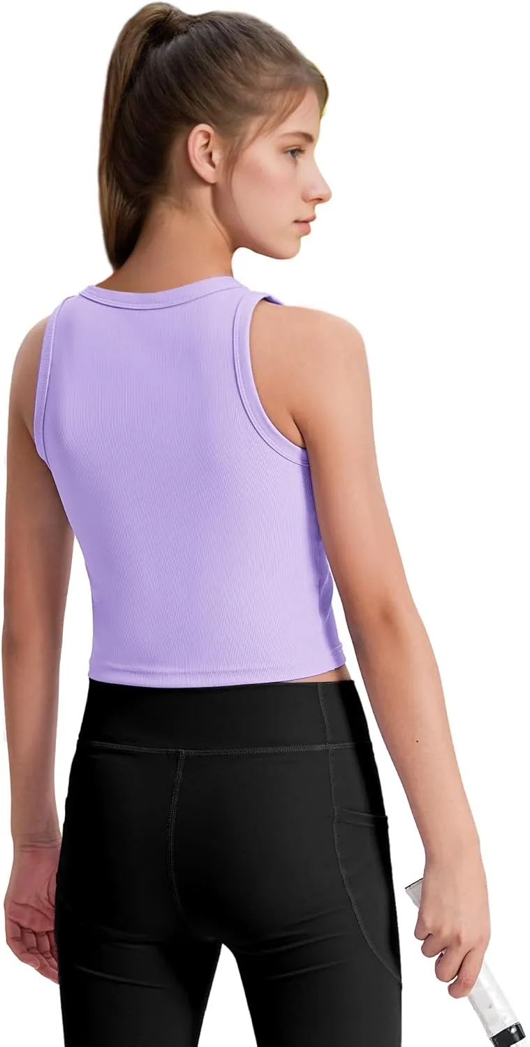 JOCMIC Girls Tank Tops Kids Athletic Tank Ribbed Knit High Neck Crop Tops for Gym Yoga