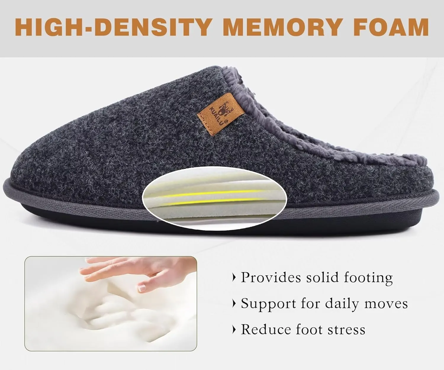 KuaiLu Mens House Memory Foam Slippers with Comfy Warm Plush Lining Felt Slip On Casual Pantuflas Mans Comfortable Bedroom Shoes Rubber Sole for Indoor&Outdoor (Mens Size 7-15)