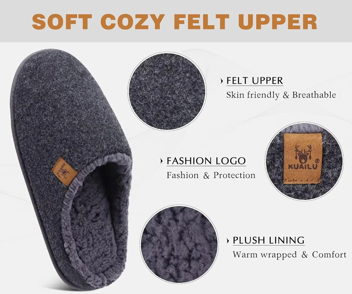 KuaiLu Mens House Memory Foam Slippers with Comfy Warm Plush Lining Felt Slip On Casual Pantuflas Mans Comfortable Bedroom Shoes Rubber Sole for Indoor&Outdoor (Mens Size 7-15)