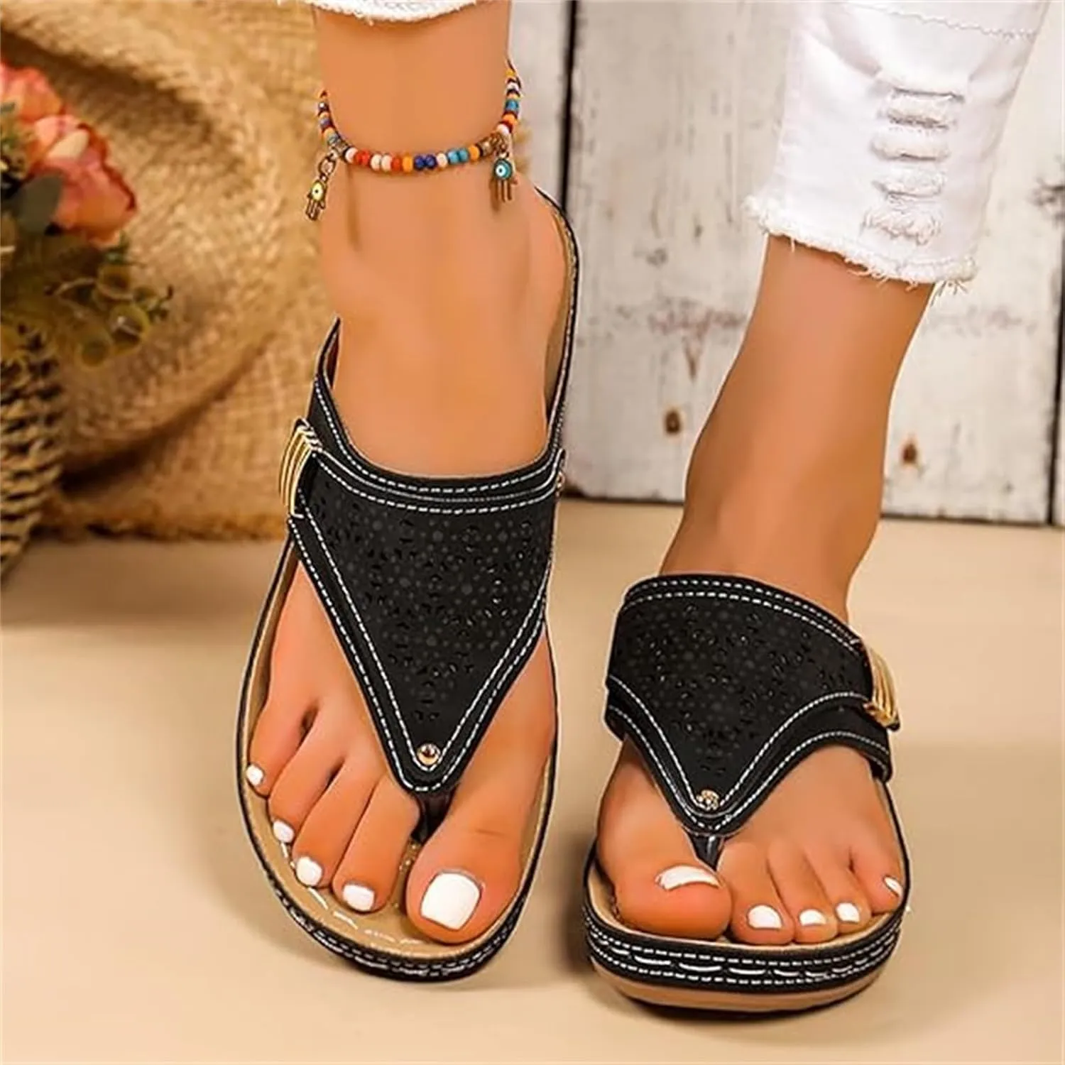 Lausiuoe Sandals Women Dressy Wedge Sandals Orthotic Thong Flips Flops Arch Support Flat feet Comfortable Orthopedic Slippers
