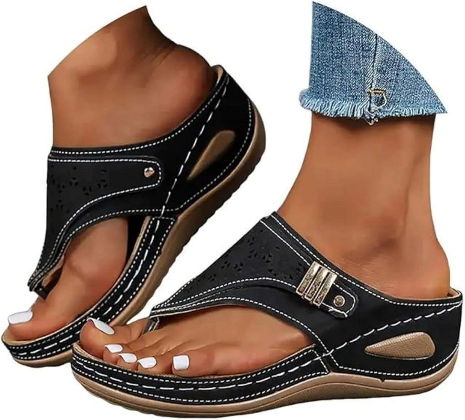 Lausiuoe Sandals Women Dressy Wedge Sandals Orthotic Thong Flips Flops Arch Support Flat feet Comfortable Orthopedic Slippers