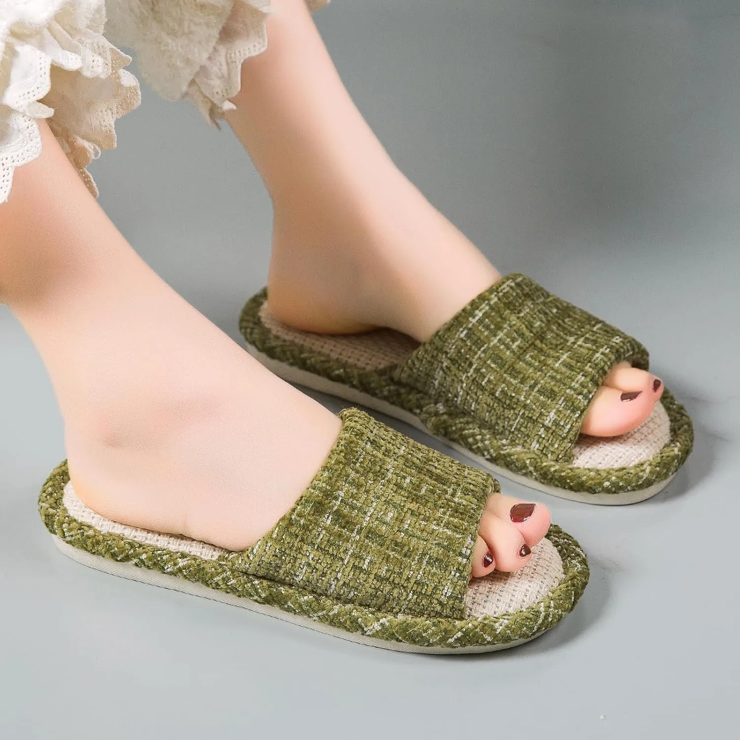 Linen Open Toe Slippers, Soft and Silent Home Slippers for Couples, Casual Comfortable Breathable non-slip Indoor and Outdoor Slippers Men/Women