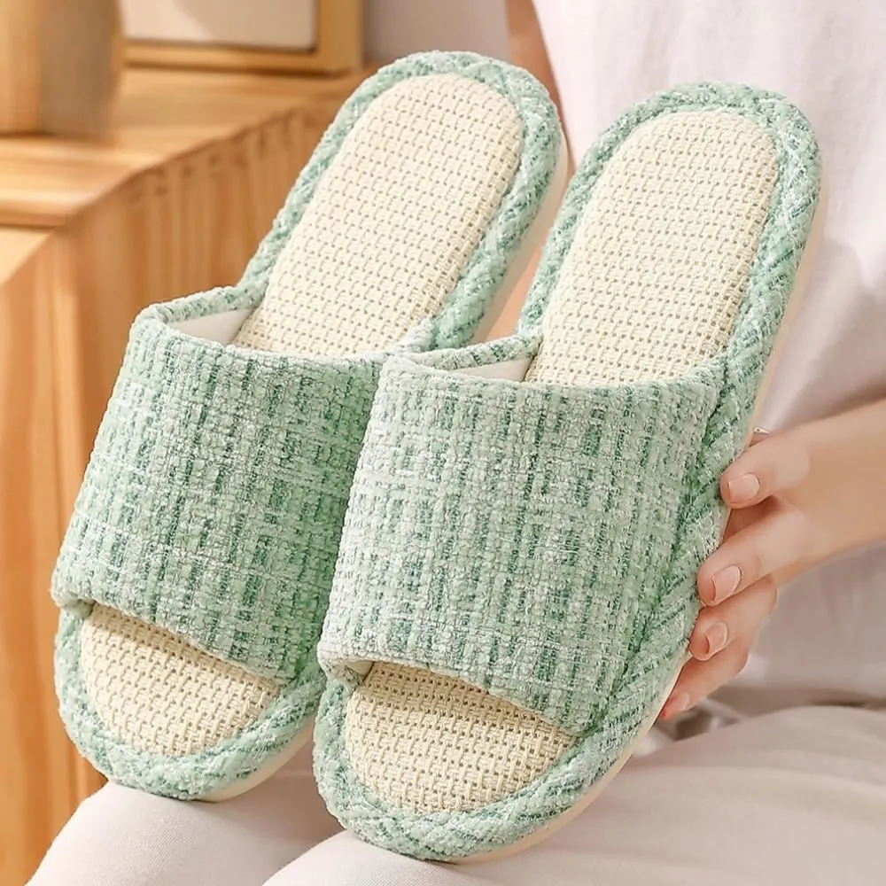 Linen Open Toe Slippers, Soft and Silent Home Slippers for Couples, Casual Comfortable Breathable non-slip Indoor and Outdoor Slippers Men/Women