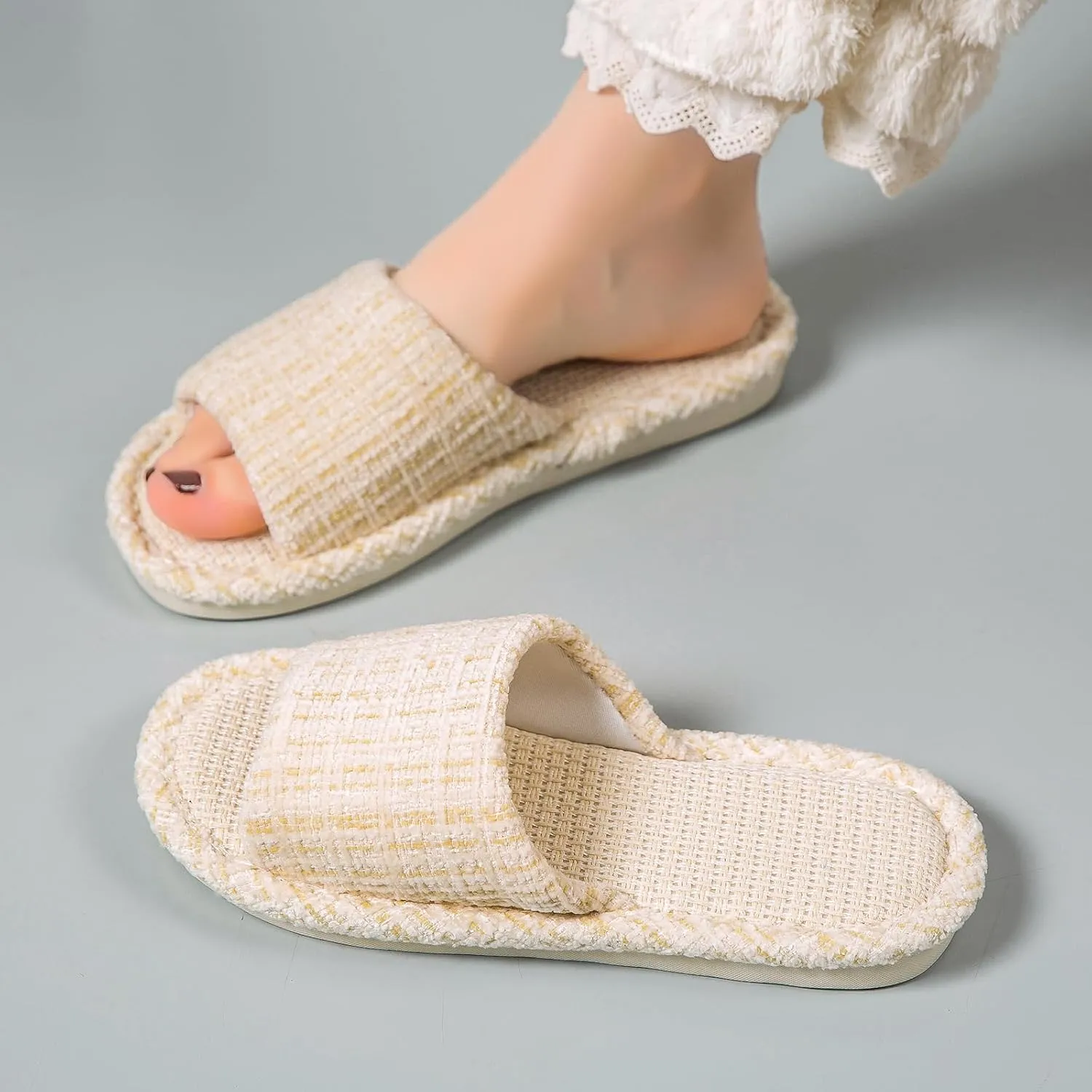 Linen Open Toe Slippers, Soft and Silent Home Slippers for Couples, Casual Comfortable Breathable non-slip Indoor and Outdoor Slippers Men/Women