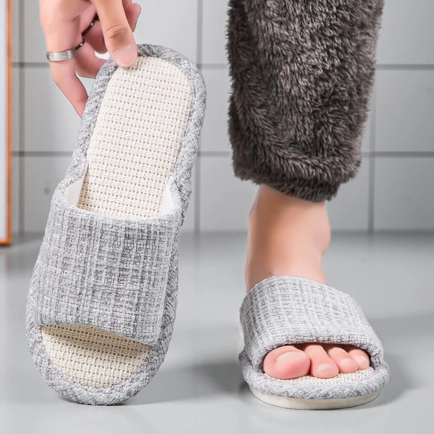 Linen Open Toe Slippers, Soft and Silent Home Slippers for Couples, Casual Comfortable Breathable non-slip Indoor and Outdoor Slippers Men/Women