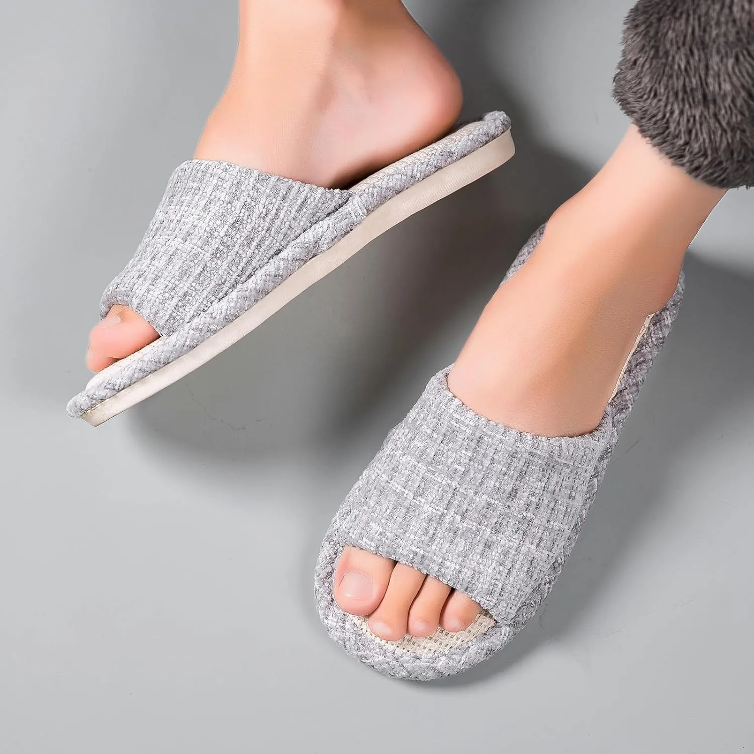 Linen Open Toe Slippers, Soft and Silent Home Slippers for Couples, Casual Comfortable Breathable non-slip Indoor and Outdoor Slippers Men/Women