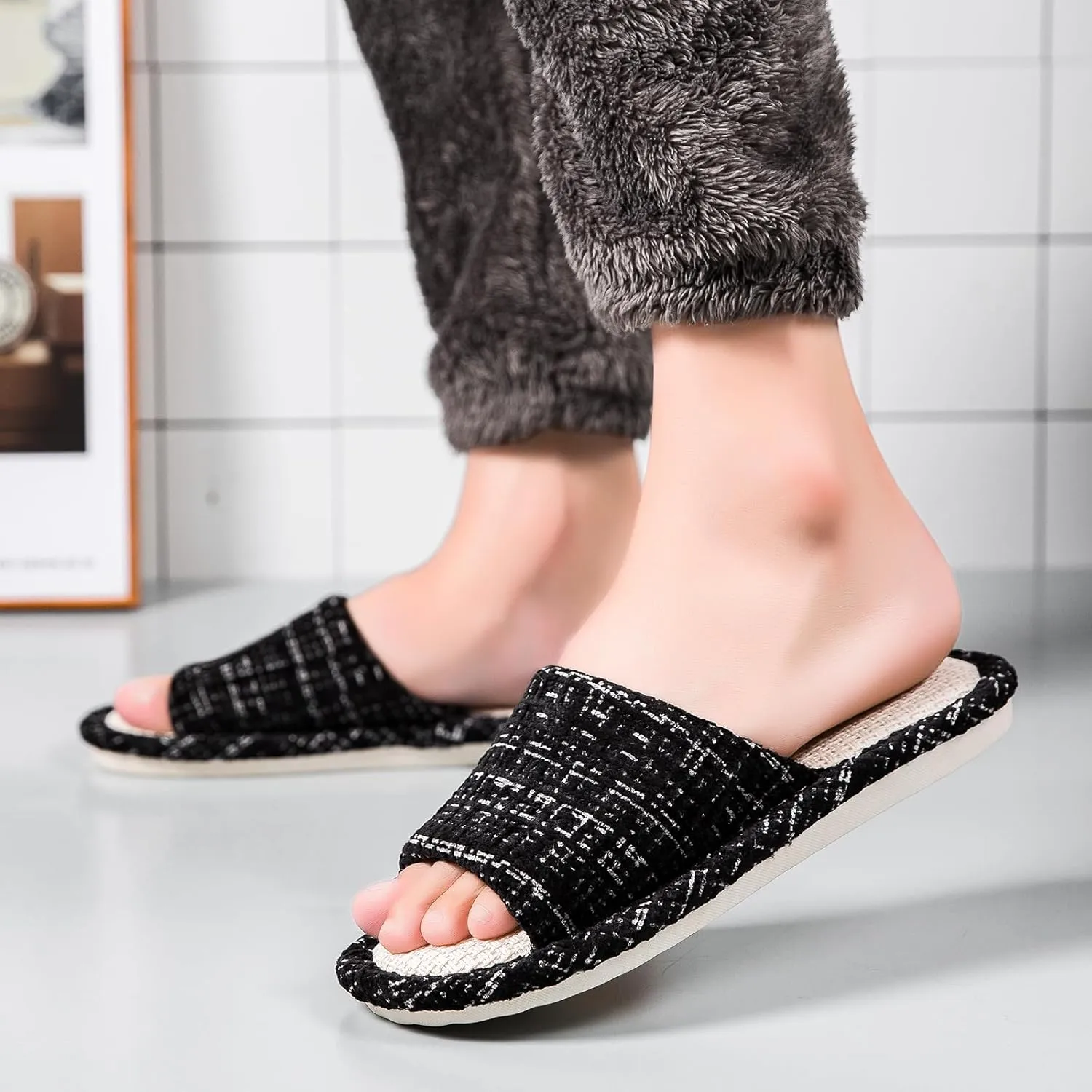 Linen Open Toe Slippers, Soft and Silent Home Slippers for Couples, Casual Comfortable Breathable non-slip Indoor and Outdoor Slippers Men/Women