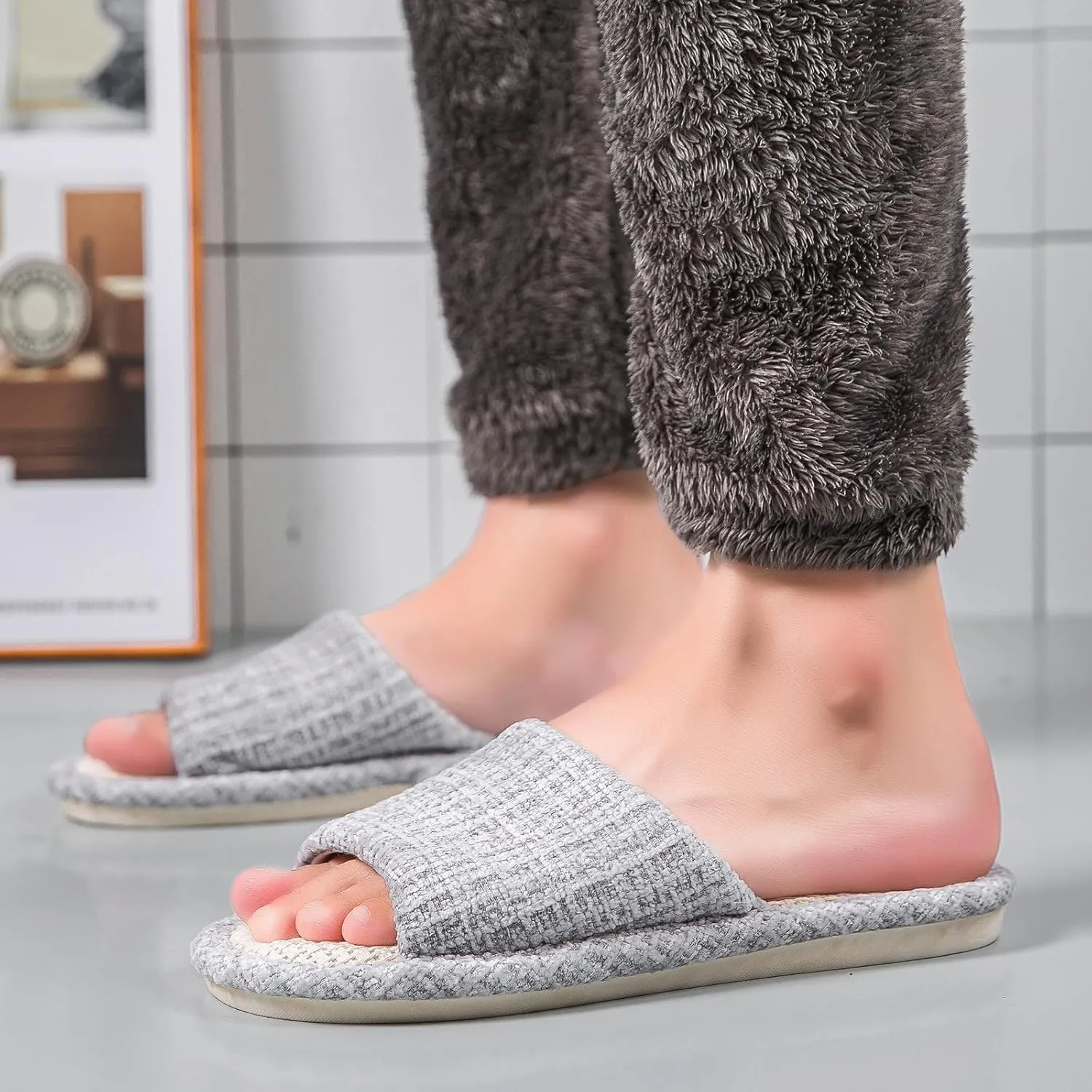 Linen Open Toe Slippers, Soft and Silent Home Slippers for Couples, Casual Comfortable Breathable non-slip Indoor and Outdoor Slippers Men/Women