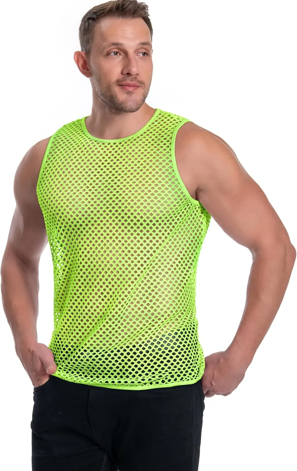 Men's Mesh Fishnet Muscle Top See Through Shirts Fitted Crew Neck Tee Clubwear