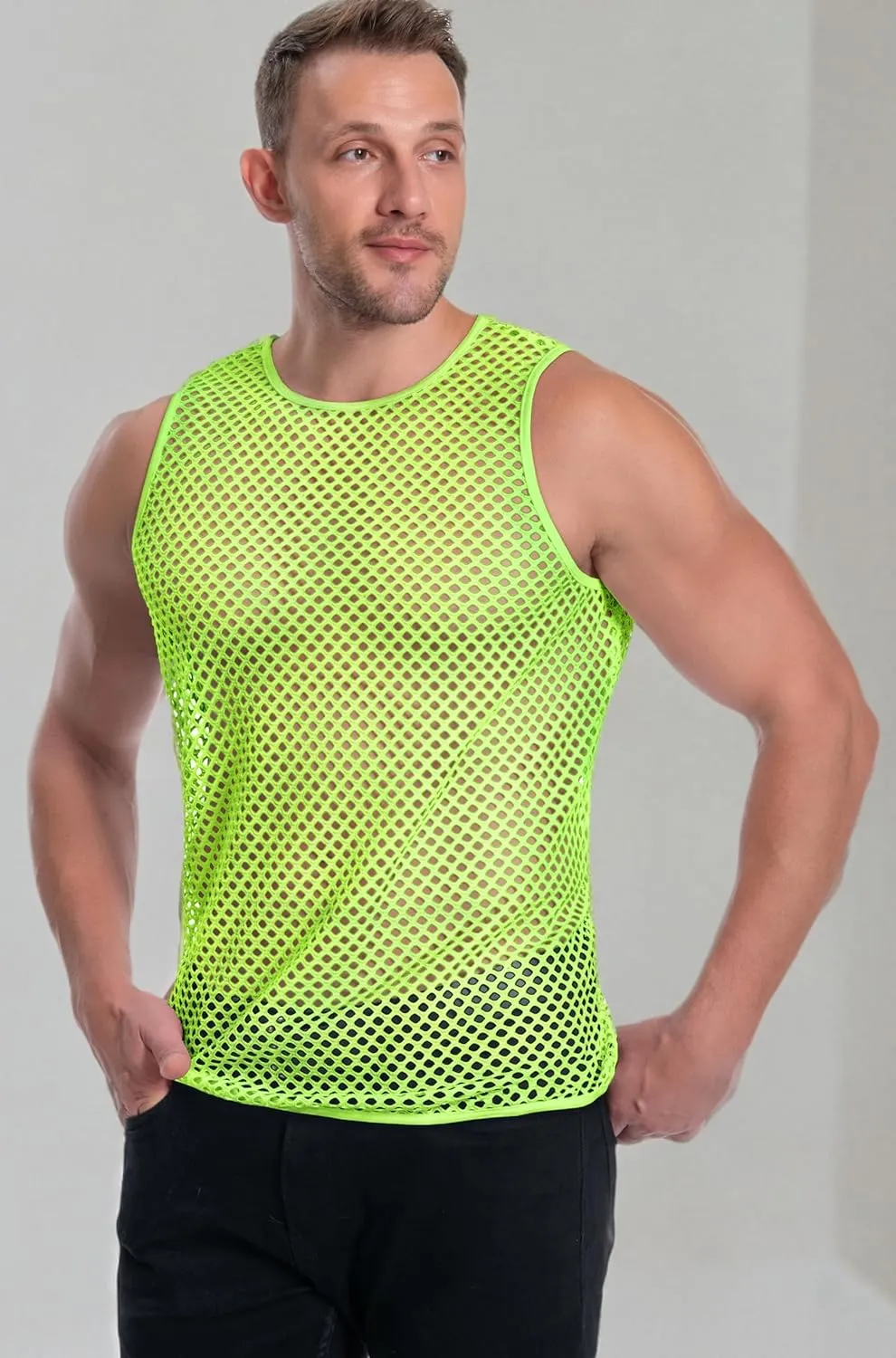 Men's Mesh Fishnet Muscle Top See Through Shirts Fitted Crew Neck Tee Clubwear