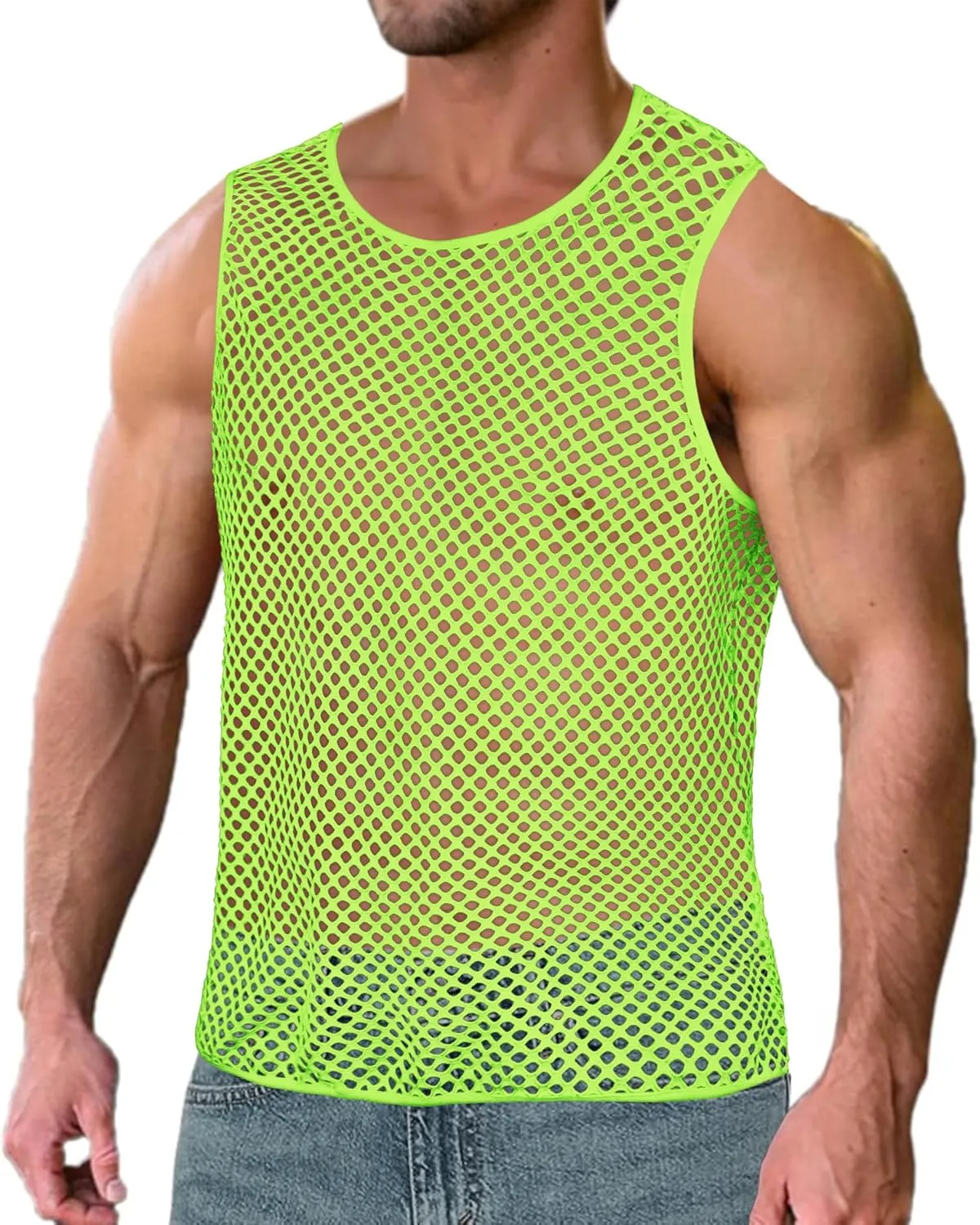 Men's Mesh Fishnet Muscle Top See Through Shirts Fitted Crew Neck Tee Clubwear